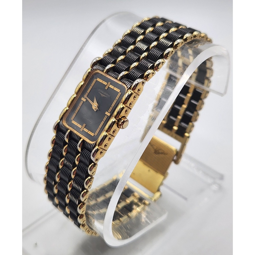 Longines Quartz Watch Womens 6in Black Gold Two Tone Rectangular CMZ 5724 France